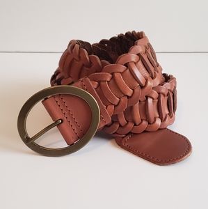 Wide Leather Woven Belt Brass Buckle Boho